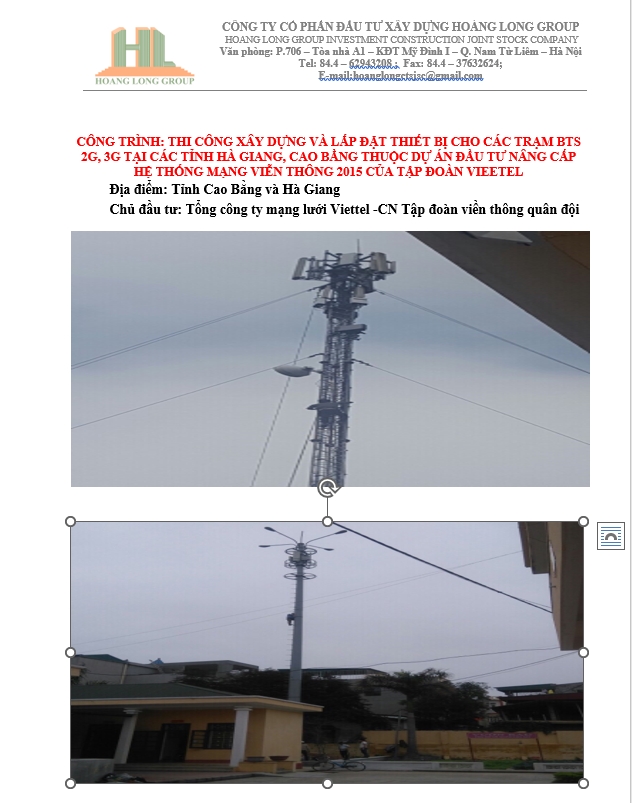 Thi công xây dựng và lắp đặt thiết bị cho các trạm BTS 2G, 3G tại các tỉnh Hà Giang, Cao Bằng thuộc dự án đầu tư nâng cấp hệ thống 2015 của Tập đoàn Viettel Thi công xây dựng và lắp đặt thiết bị cho các trạm BTS 2G, 3G tại các tỉnh Hà Giang, Cao Bằng thuộc dự án đầu tư nâng cấp hệ thống 2015 của Tập đoàn Viettel